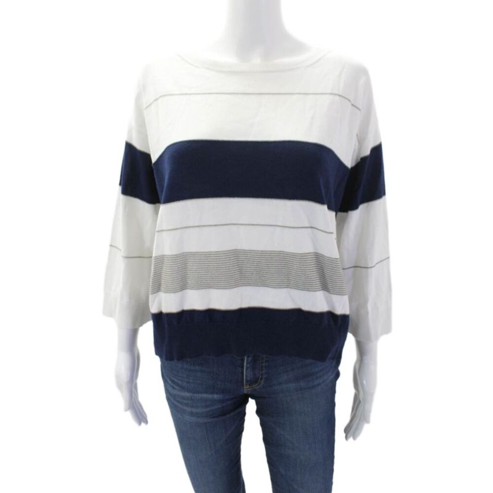 Tonet Womens Cotton Round Neck Long Sleeve Striped Knit Top White Size S